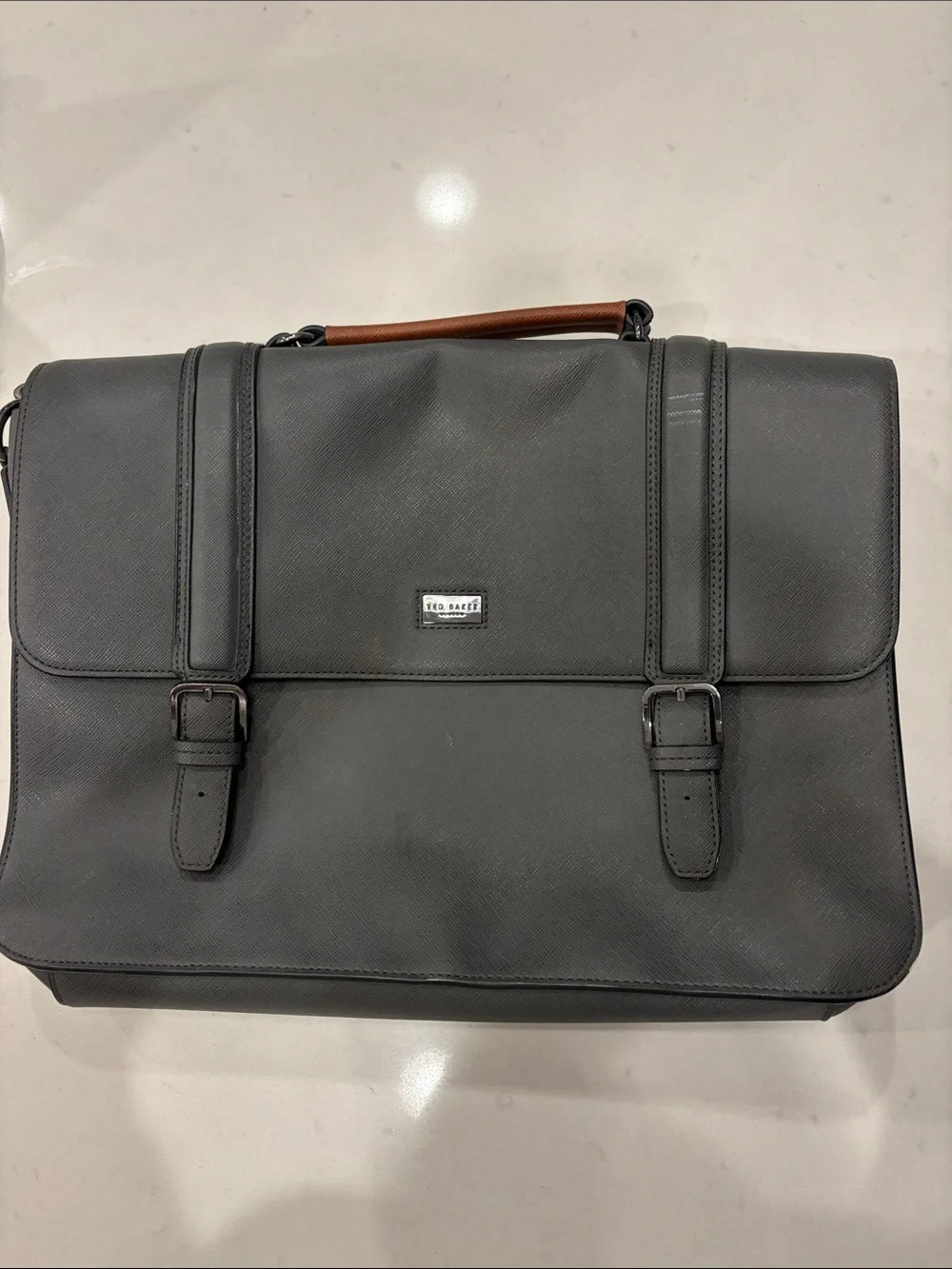 Ted Baker Gray Leather Briefcase with Brown Handle